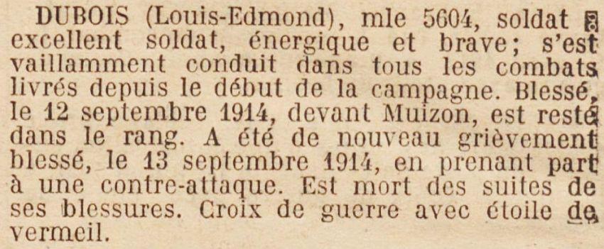 DUBOIS Louis Edmond MM JO 22 Octobre 1920