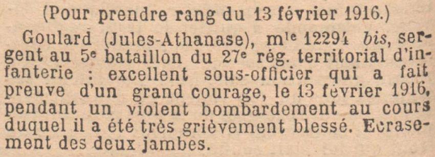 GOULARD Jules Athanase MM JO 12 Mars 1916