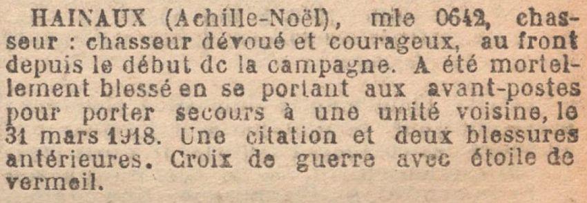 HAINAUX Achille MM JO 23 Mars 1920