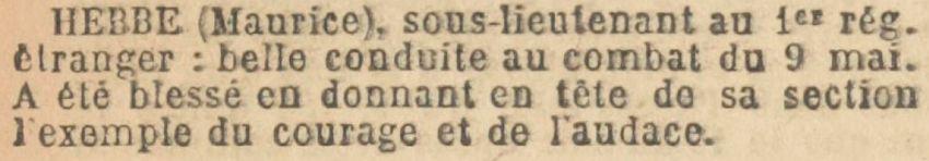 HEBBE Maurice Citation Ordre Armee - JO - 2 aout 1915