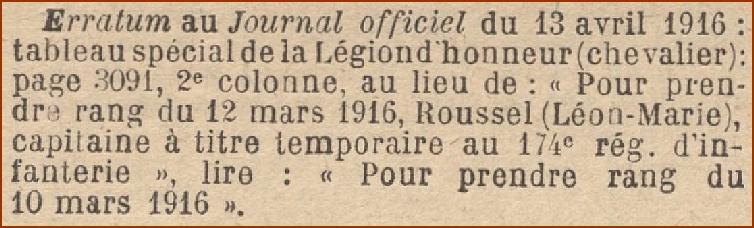 ROUSSEL Leon Chevalier LH J.O. 24 Mail 1916